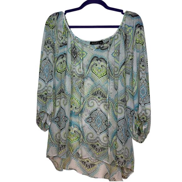 ANA A New Approach sheer boho high low neon print blouse 1X - Picture 1 of 4